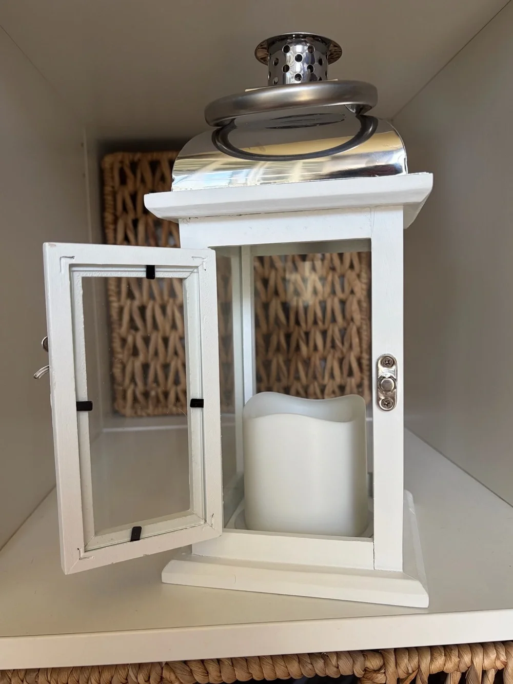White Wood & Silver Metal Lantern with Flickering Candle